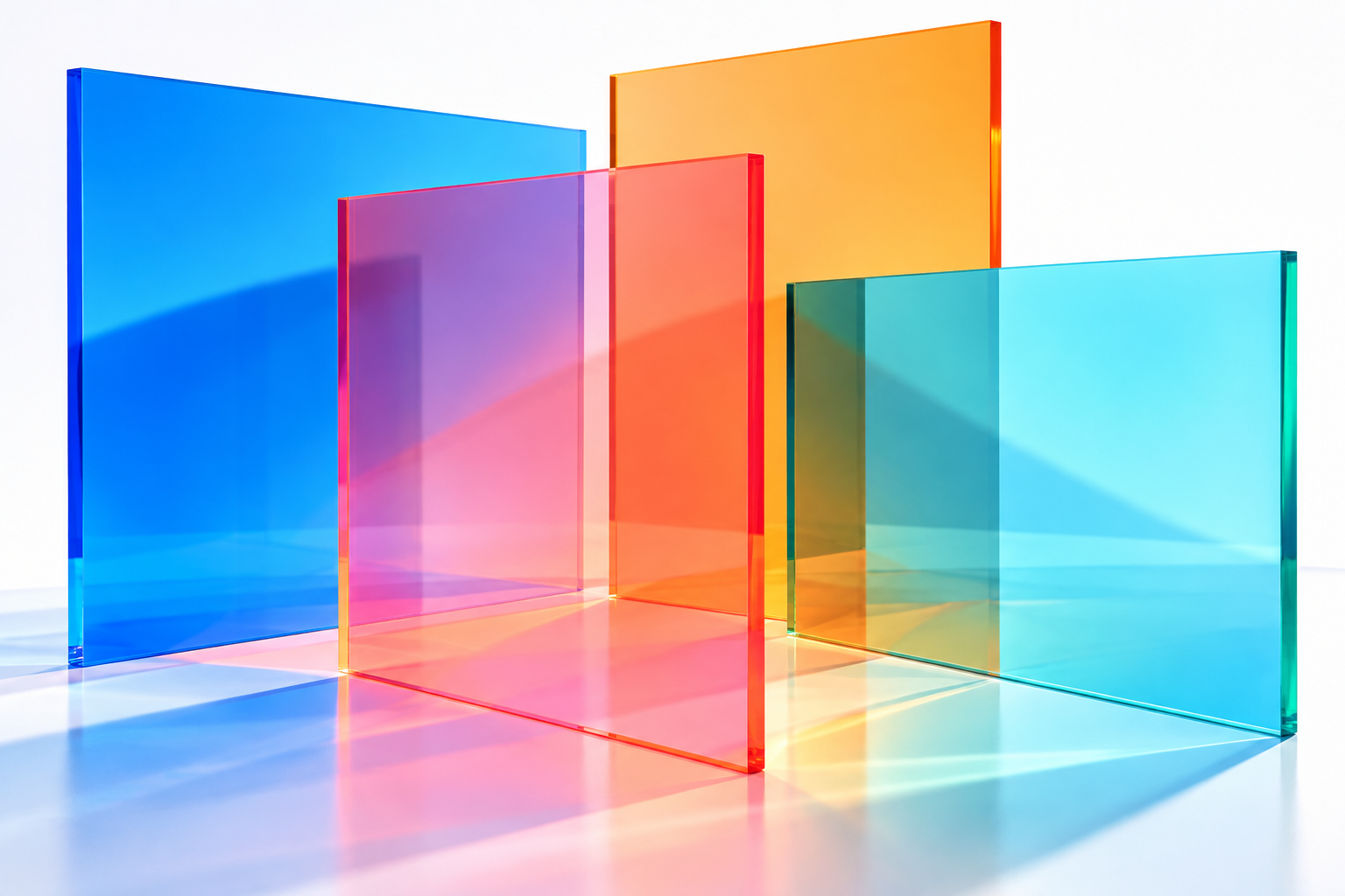 Illustration of overlapping translucent acrylic sheets in blue, pink and orange